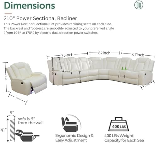 Power Recliner Sofa Sectional Sofa with LED Light for Living Room, Air Leathe...