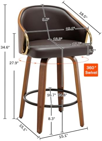 24.8" Swivel Counter Height Bar Stools Set of 2,Brown Leather Barstools ...