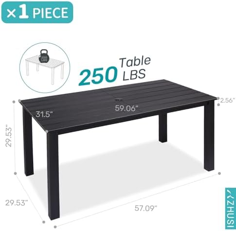 ZHUSI Patio Table, HIPS Outdoor Dining Table with Umbrella Hole, Black