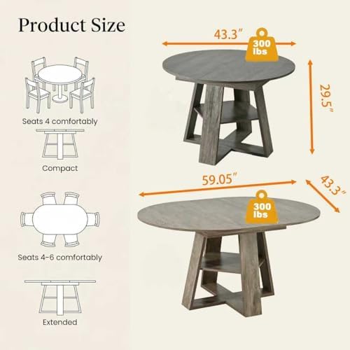 Round Extendable Dining Table Set for 6, 43"-59" Rustic Grey Expand...