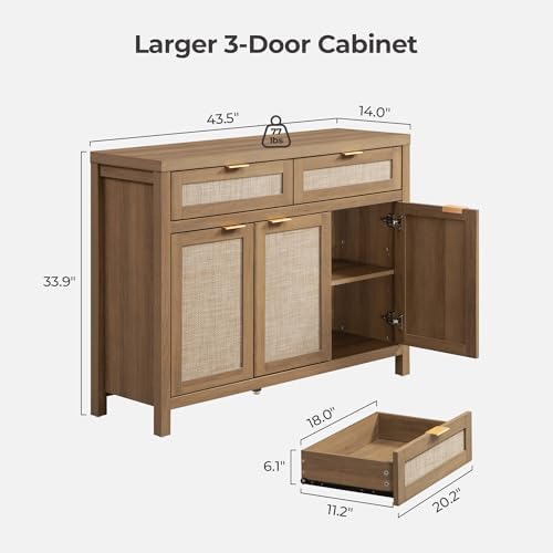SICOTAS Rattan Sideboard Buffet Cabinet with Storage, Boho Credenza Accent