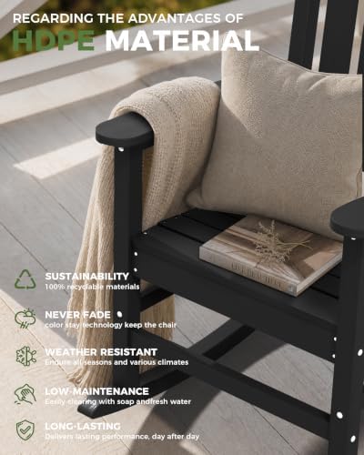 Oversized Outdoor Rocking Chair, High Back Porch Rocker Chair, HDPE All Weath...