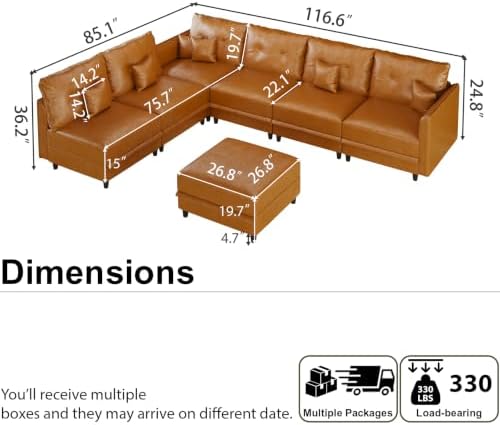 LLappuil 7-Seater L-Shaped Sectional Modular Sofa with Storage, Deep Seat Fau...