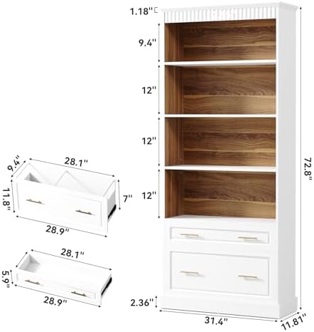 LITTLE TREE 72.8-Inch Tall 4-Shelf Bookcase with 2 Drawers