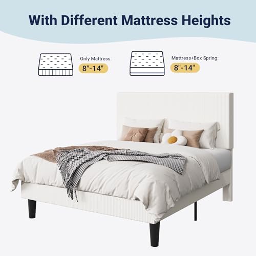 Allewie Queen Bed Frame, Corduroy Tufted Headboard, White