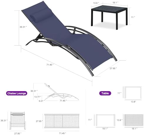 PURPLE LEAF Oversized Pool Chaise Lounge Patio Chair with Table, Navy Blue