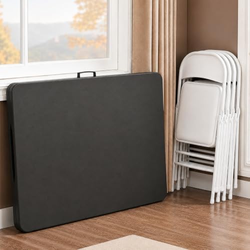 8FT Black Plastic Folding Table Set with 10 White PU Padded Chairs