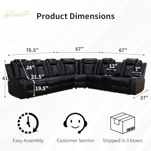 Living Room Furniture Sets, Power Reclining Sofa Set, Black Leather 2 Recliner Sectional with LED Light, Modern Power Recliner Sofa Sets with Cup Holder/Storage Console for Living Room