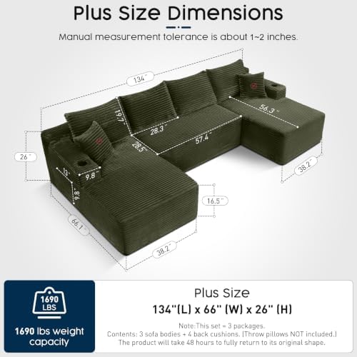 Green 134 Inch U-Shaped Modular Sectional Sofa, Corduroy Cloud Couch with Dua...
