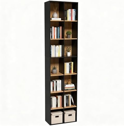 71" Tall Shallow Bookcase DVD Storage Shelf, 14 Cubes 7 Tier Narrow Wide...