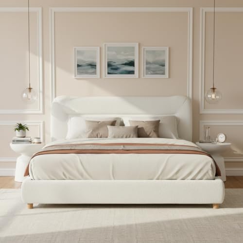Minimalist Curved Headboard Plush Platform Bed, Queen, Cream Teddy Fabric