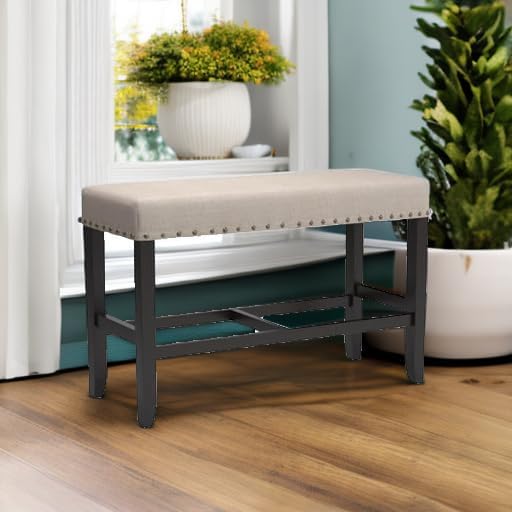 Roundhill Furniture Biony Fabric Counter Height Dining Bench with Nailhead Tr...
