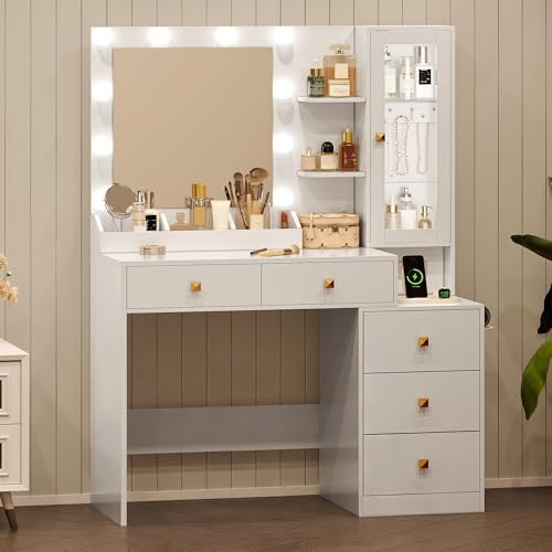 HUANLEGO Vanity Desk with Mirror and Lights, White Makeup Vanity Mirror with ...