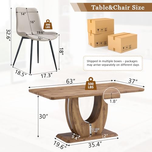 Modern Dining Table Set for 6, 63" Wood Kitchen Table with 6 PU Leather ...