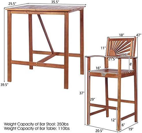 COSTWAY 3PCS Bar Table Set, Outdoor Acacia Wood Dining Set
