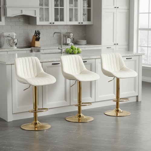 Barstools Set of 3, Golden-Cream, Adjustable Swivel Bar Stools | With Back, A...