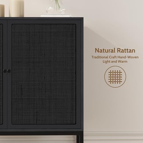 Yechen 63“ W Black Rattan Cabinet, Farmhouse Sideboard Cabinet with Natural R...