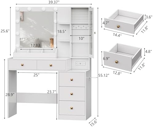 HUANLEGO Vanity Desk with Mirror and Lights, White Makeup Vanity Mirror with ...
