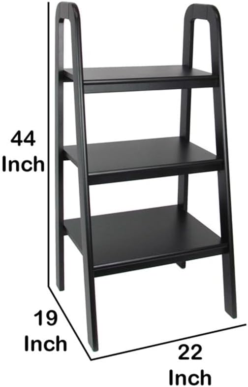 MAKLAINE 3 Tier Wooden Storage Ladder, Black Finish, Open Sides and Back, Solid Birch Wood, Modern and Sleek Design, Durable Display Shelves for Living Room or Bedroom Decor
