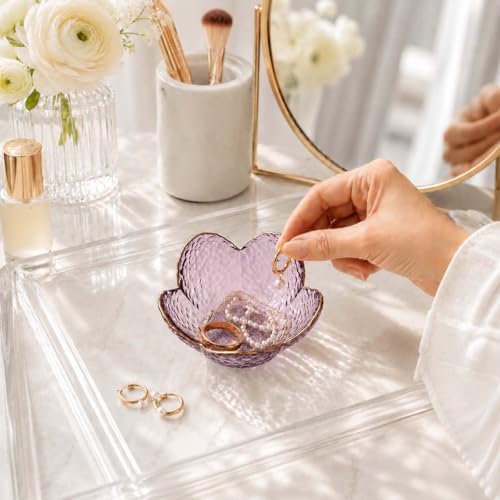 Gifts for Women Purple Flower Jewelry Ring Dish Tray,Decorative Glass Trinket Dish,Room Decor Aesthetic, Modern Accent Tray for Vanity (Purple A)