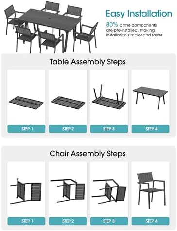 Aluminum Outdoor Dining Set of 6, Patio Table and Stackable Chairs, Grey