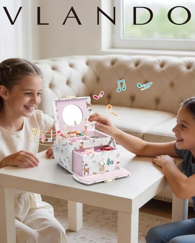 VLANDO 2 Layer Girls Musical Jewelry Box with Ballerina and Large Drawers | Rotating Dancer Plays Canon Melody, Top Dividers Store Rings and Small Treasures, Half-Moon Design, Birthday Christmas Gift