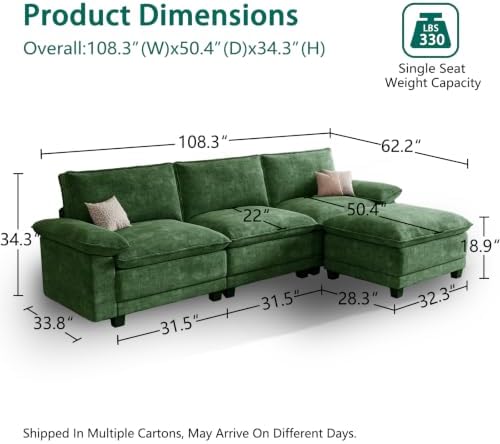 108" Modular Sectional Couch, L Shaped Cloud Sofa for Living Room | Comf...