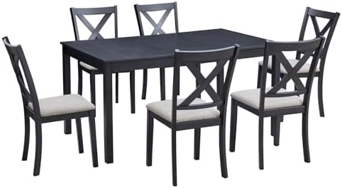 LUXOAK 7-Piece Farmhouse Kitchen Table and Chairs Set for 6, Grey & White