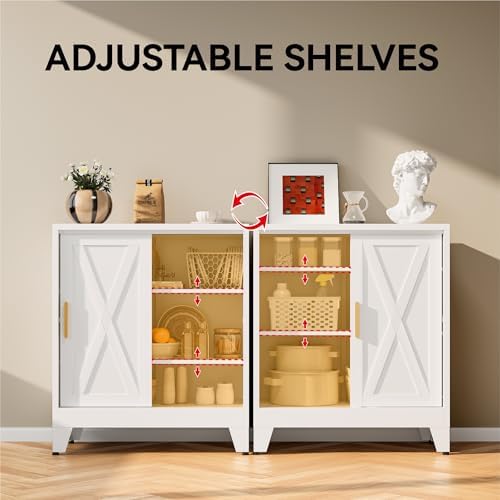 COFaR White 37" H Sliding Door Storage Cabinet, Half Open Half Closed De...