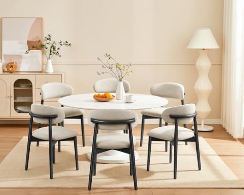 Wooden Dining Chairs Set of 6, Modern Farmhouse Linen Fabric Upholstered Kitc...
