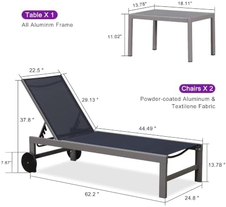 PURPLE LEAF Patio Lounge Chair Set for 2, All Weather Aluminum, Navy Blue | P...