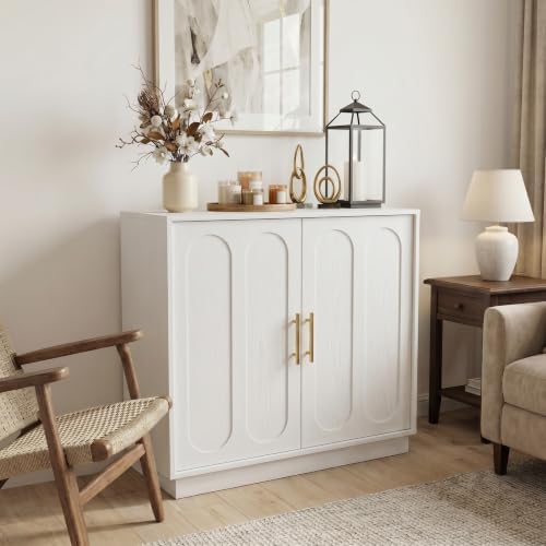 holzart 31.5" Modern Farmhouse Storage Cabinet, White 2 Door Sideboard B...
