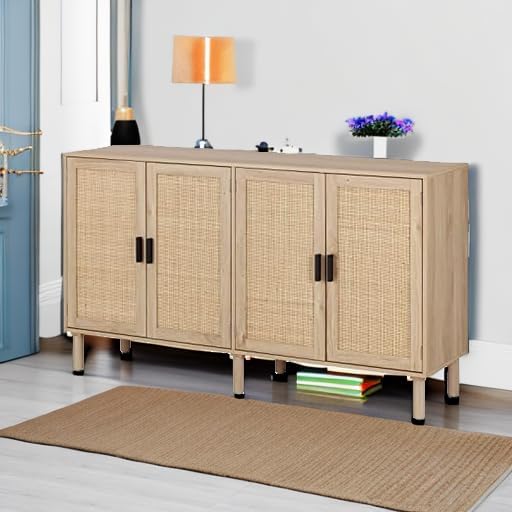 Finnhomy 4 Door Sideboard Buffet Cabinet, Kitchen Storage Cabinet with Rattan...