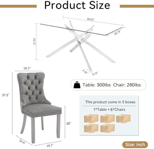 7 Piece Modern Glass Dining Table Set for 6, 60" Rectanguler Glass Kitchen Table and Velvet Tufted Chairs Set of 6, Space-Saving Kitchen Dining Room Table Set 6 for Dinette Breakfast, Silver-Grey
