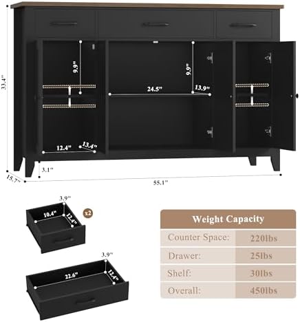 HORSTORS 55" W Buffet Cabinet with Storage, Kitchen Storage Cabinet, Black