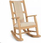 Pemberly Row Mahogany Rocking Chair with Cushioned Seat and Back, Studded Accents, Smooth Rocking Motion, Beige