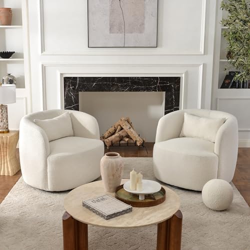 KINWELL 34" W Sherpa Swivel Barrel Chairs with Pillow Set of 2, Cream