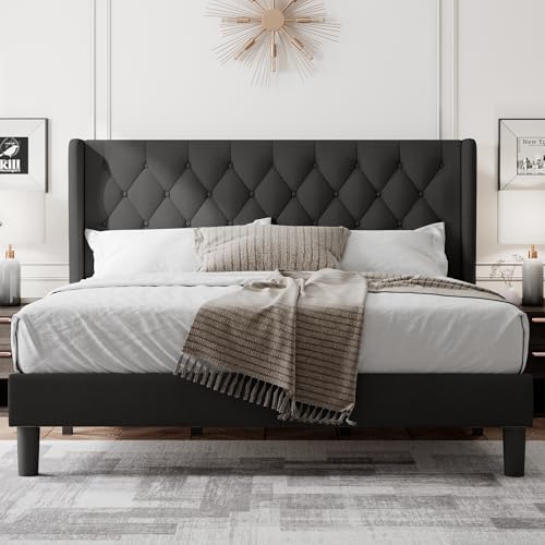 Feonase King Size Bed Frame with Wingback Tufted Headboard, Upholstered Platf...