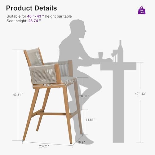 PURPLE LEAF Outdoor Bar Stool Chair Set of 2, Rustproof Aluminum, Teak