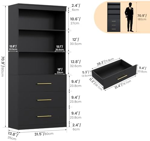 Winkalon 71" Tall Black Bookshelf with Drawers, Bookcase and Bookshelf w...