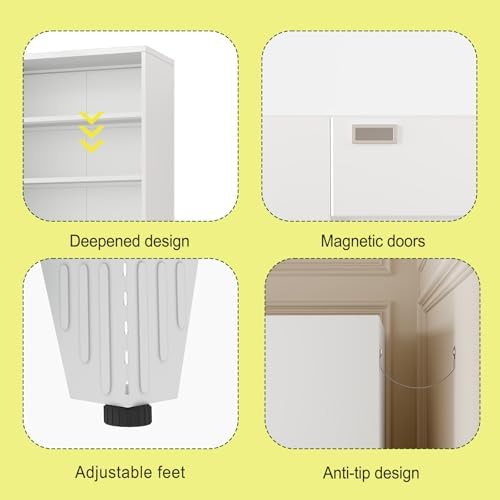 Metal Bookcase with Doors, White 71" Tall Bookcase with Storage, Floor I...