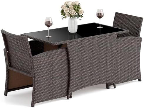 HAPPYGRILL 3 Pieces Patio Wicker Dining Set, Balcony Furniture Set w/Tempered...