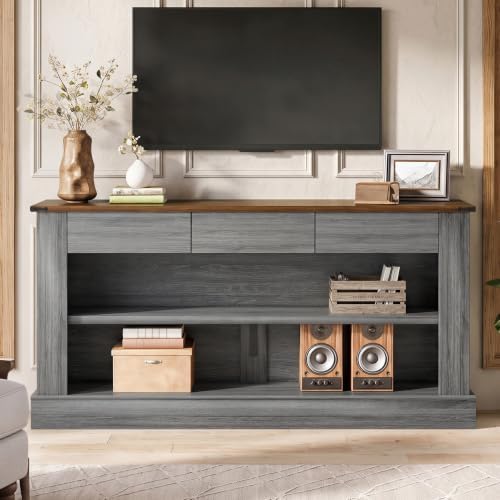 Miereirl 63" Console Table with Drawers & LED Light, Brown & Dar...