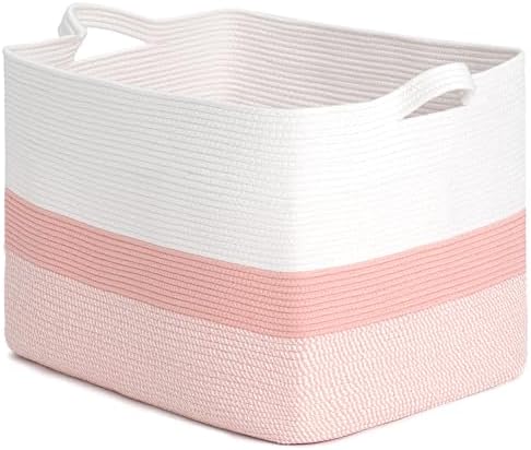 CLHMILY&Z Stylish Square Cotton Rope Storage Basket (Pink & White, 110L)