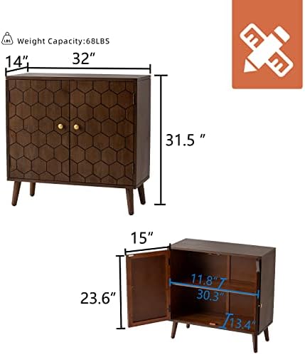 HOMPUS 3 Pieces Sideboard Buffet Cabinet, 32" Accent Cabinet with Doors & Shelves, Storage Cabinet with Honeycomb Pattern Doors, Modern Console Table for Kitchen, Living Room, Easy Assemble,Walnut