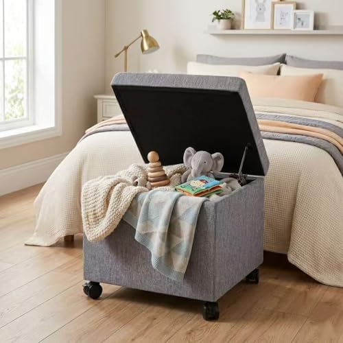 Homebeez 18" Square Storage Ottoman with Wheels, Tufted Linen Cube | Rol...