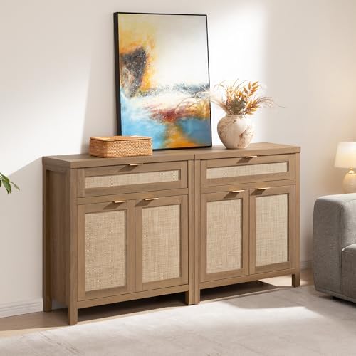 SICOTAS Sideboard Buffet Cabinet Set of 2, Rattan Credenza Storage Cabinet