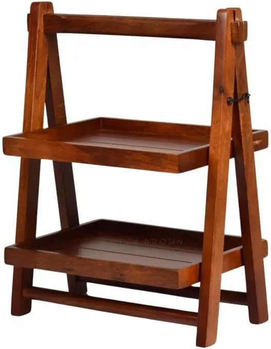 2-Tier Wooden Ladder Shelf, Rustic Farmhouse Storage Rack, Small Tabletop Organizer for Kitchen Counter Living Room Bedroom, Natural Brown Finish