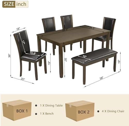 6-Piece Dining Table Set with Bench and Chairs - Solid Wood Kitchen Dining Ro...