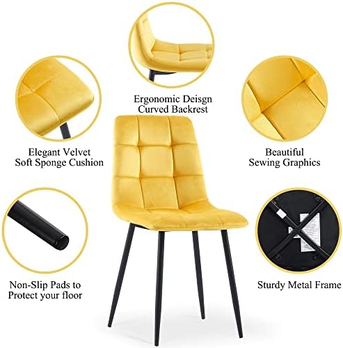 NORDICANA Yellow Velvet Dining Chairs Set of 4, Upholstered Tufted Kitchen Ch...